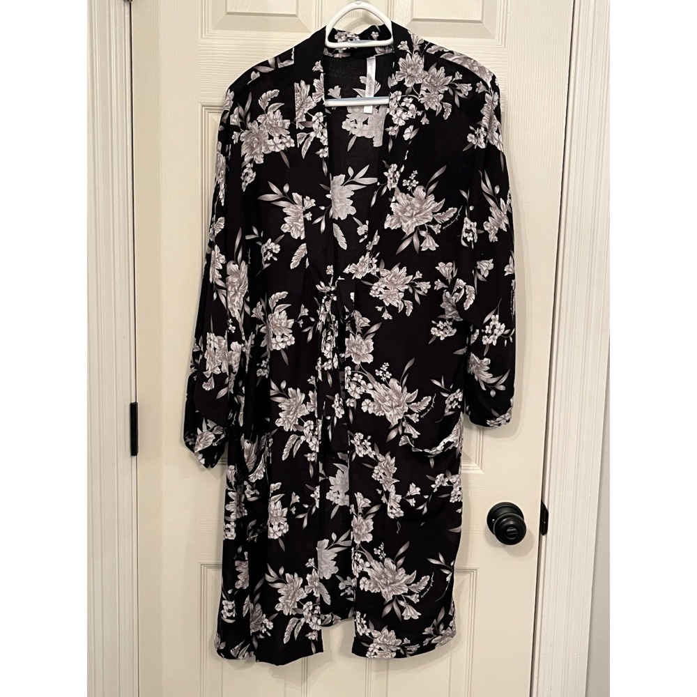 Spiritual Gangster Maya Black Floral Tie Front Kimono Robe Cover Up Duster OS‎